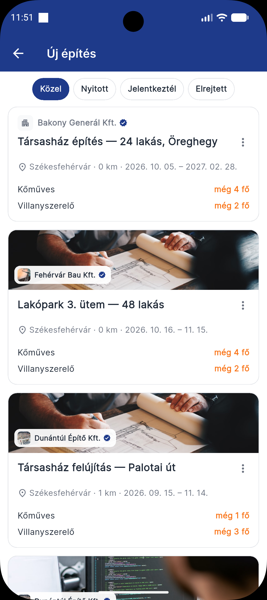 A szaki Új építés listája a kiírásokkal