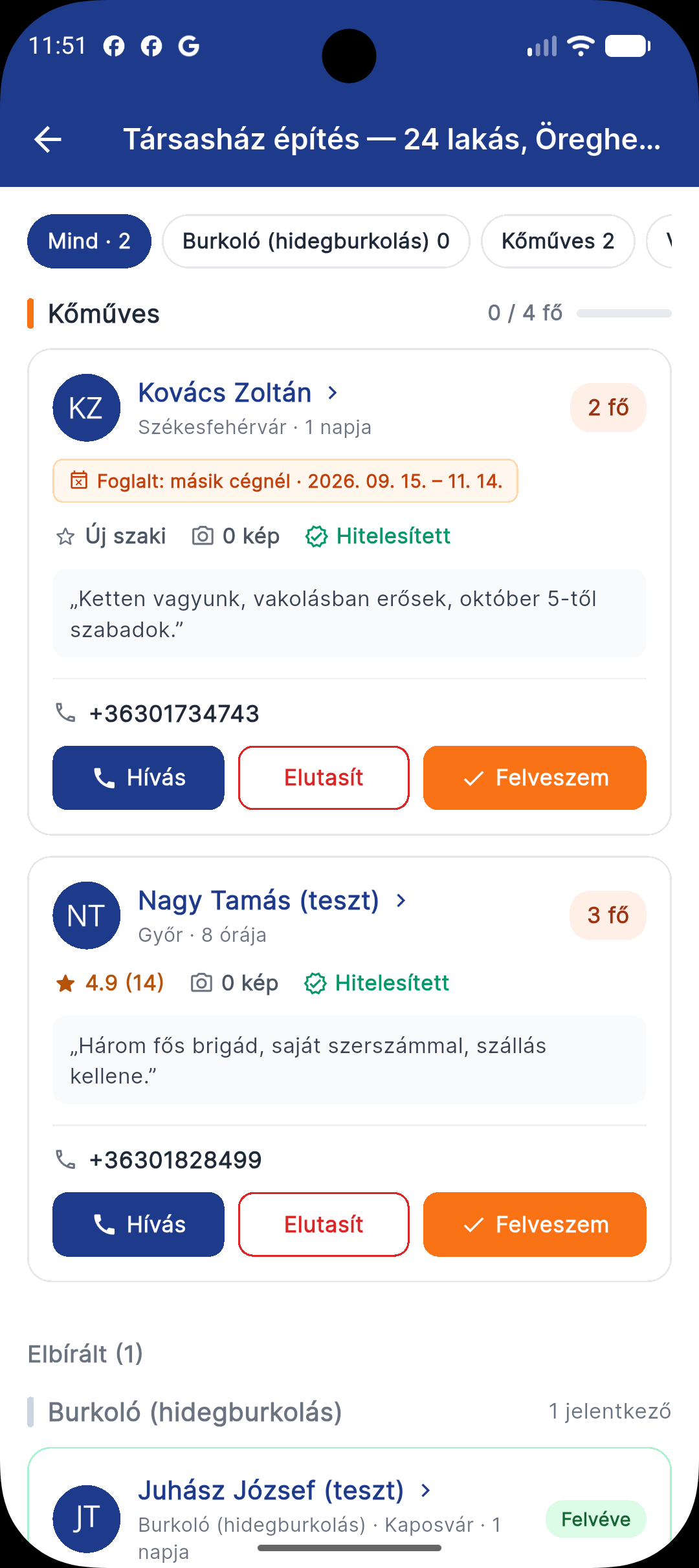 Jelentkezők listája: név, létszám, értékelés, referenciaképek, telefonszám